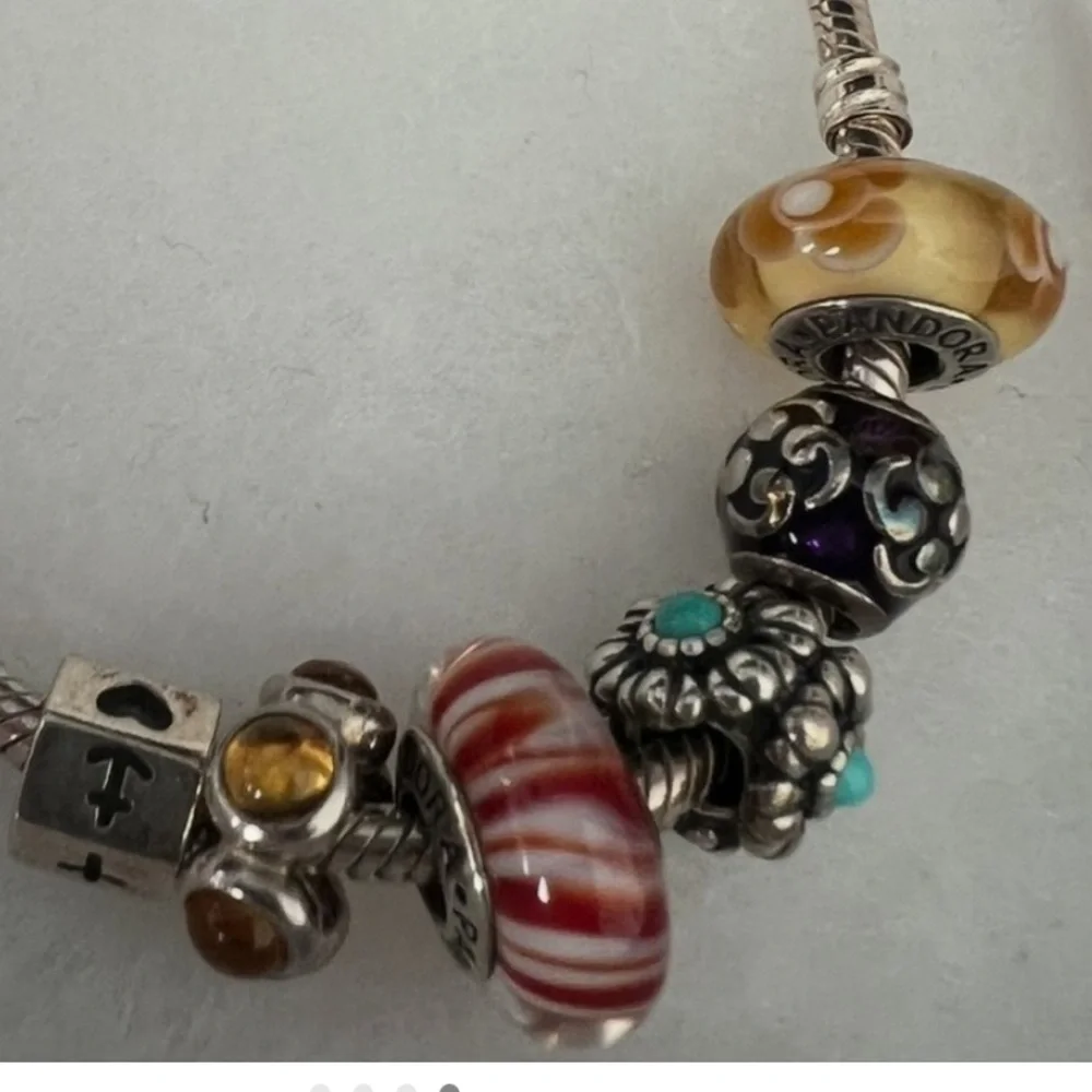 Authentic Pandora Silver Bracelet with 6 Colorful Charms